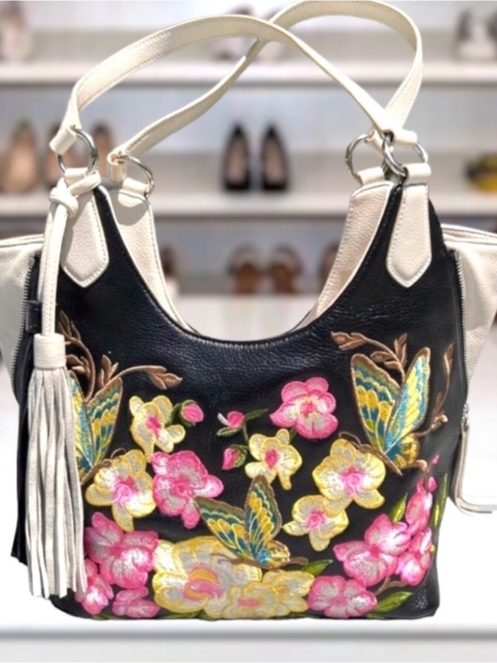 Sharif  1827 floral Embroidered Butterfly Leather Shoulder Bag - Black & Cream
